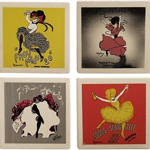 French Can Can Girl Coaster Set 4 Pc Le Frou Frou Design Ceramic Multi-Color NOS